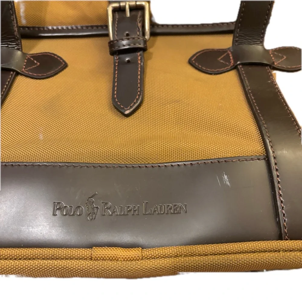 Polo Ralph Lauren Tan Canvas Brown Leather Briefcase Satchel Messenger Bag